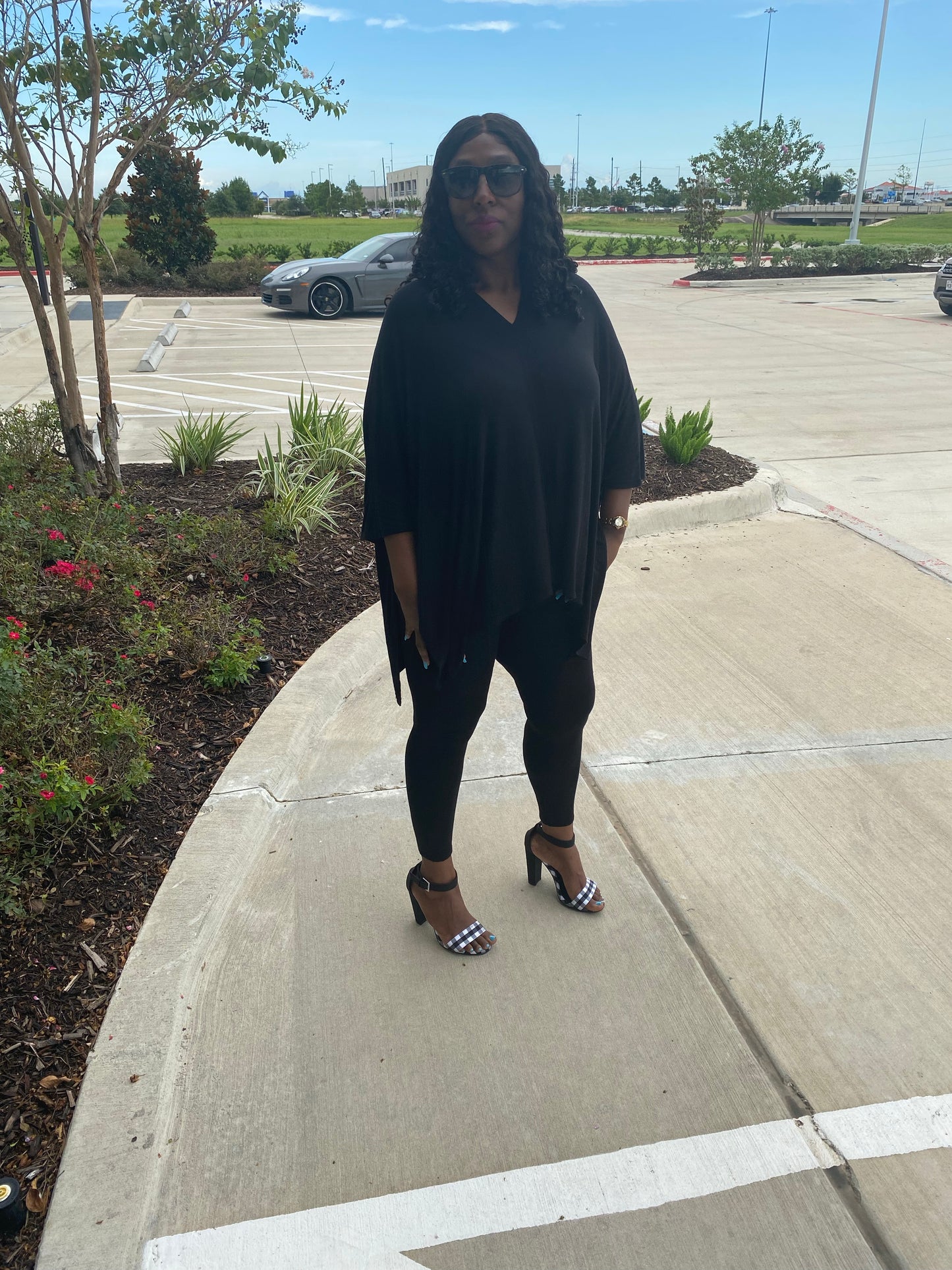 Black Solid Cape Top and Leggings Set