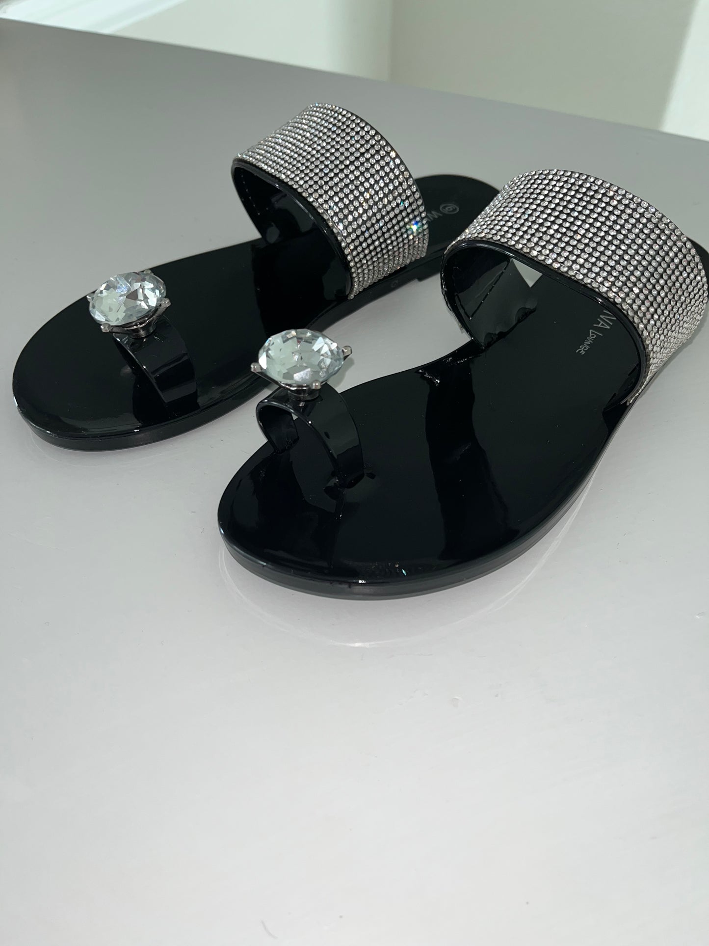 Women's Rhinestone Black Bling Jelly Flats Sandal Slides