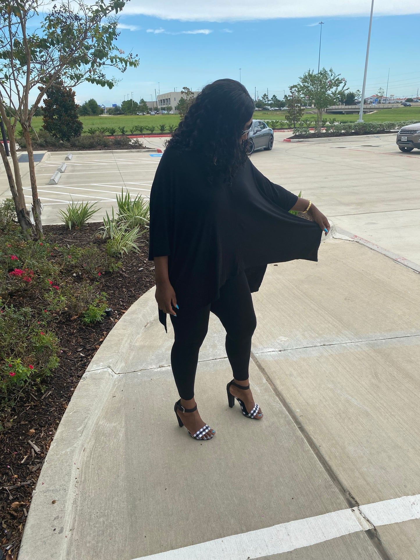 Black Solid Cape Top and Leggings Set