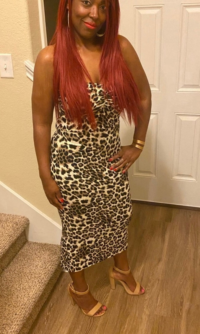 Women's Leopard Print Midi Tube Dress with Back Slit
