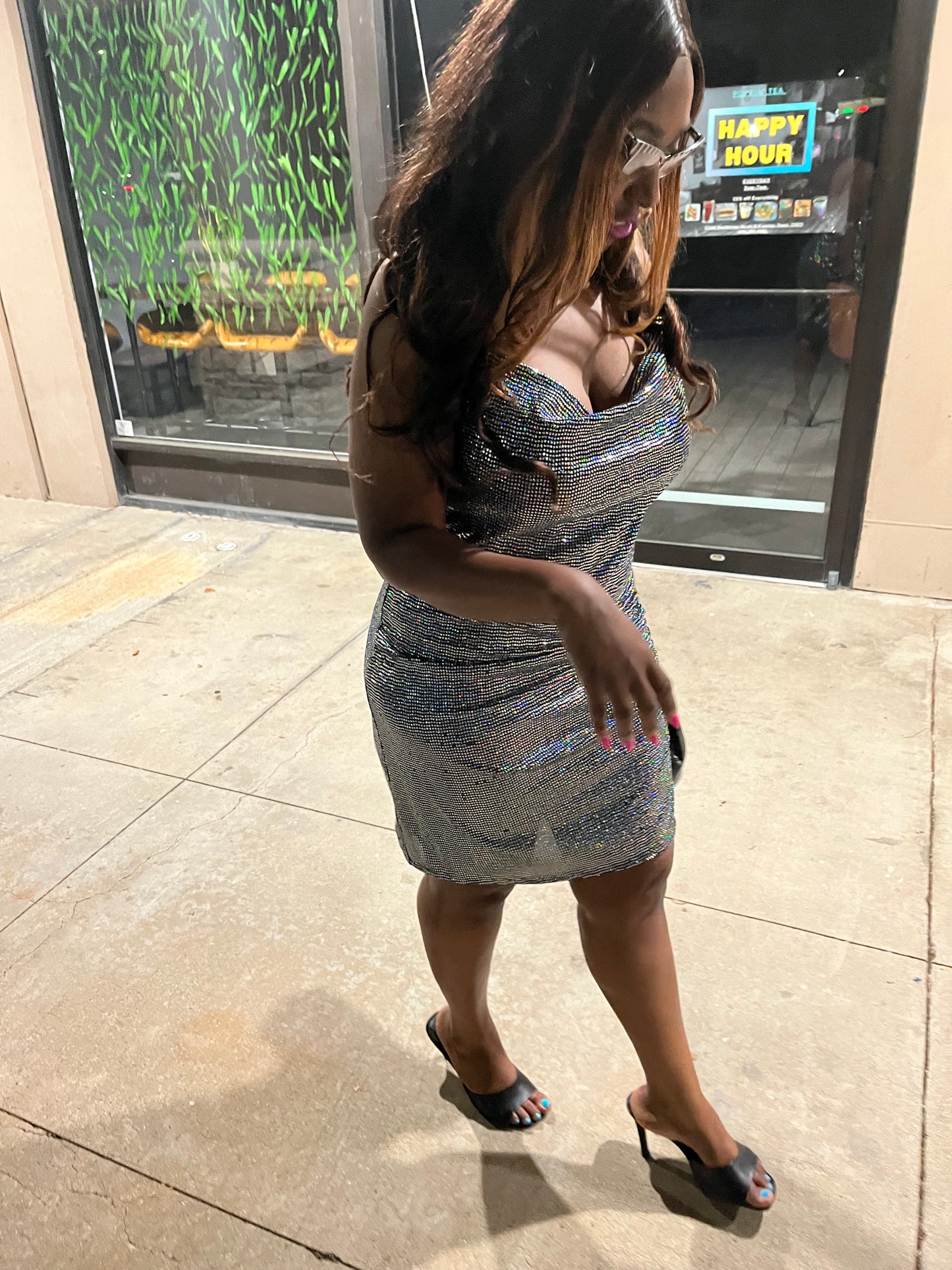 Plus Size Sliver Glitter Spaghetti Strap Midi Ruched Side Dress