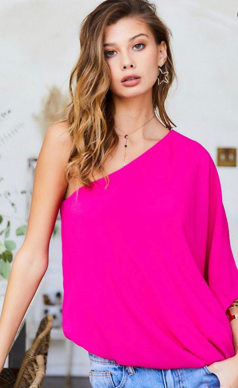 One Shoulder Long Sleeve Unbalanced Blouse Top