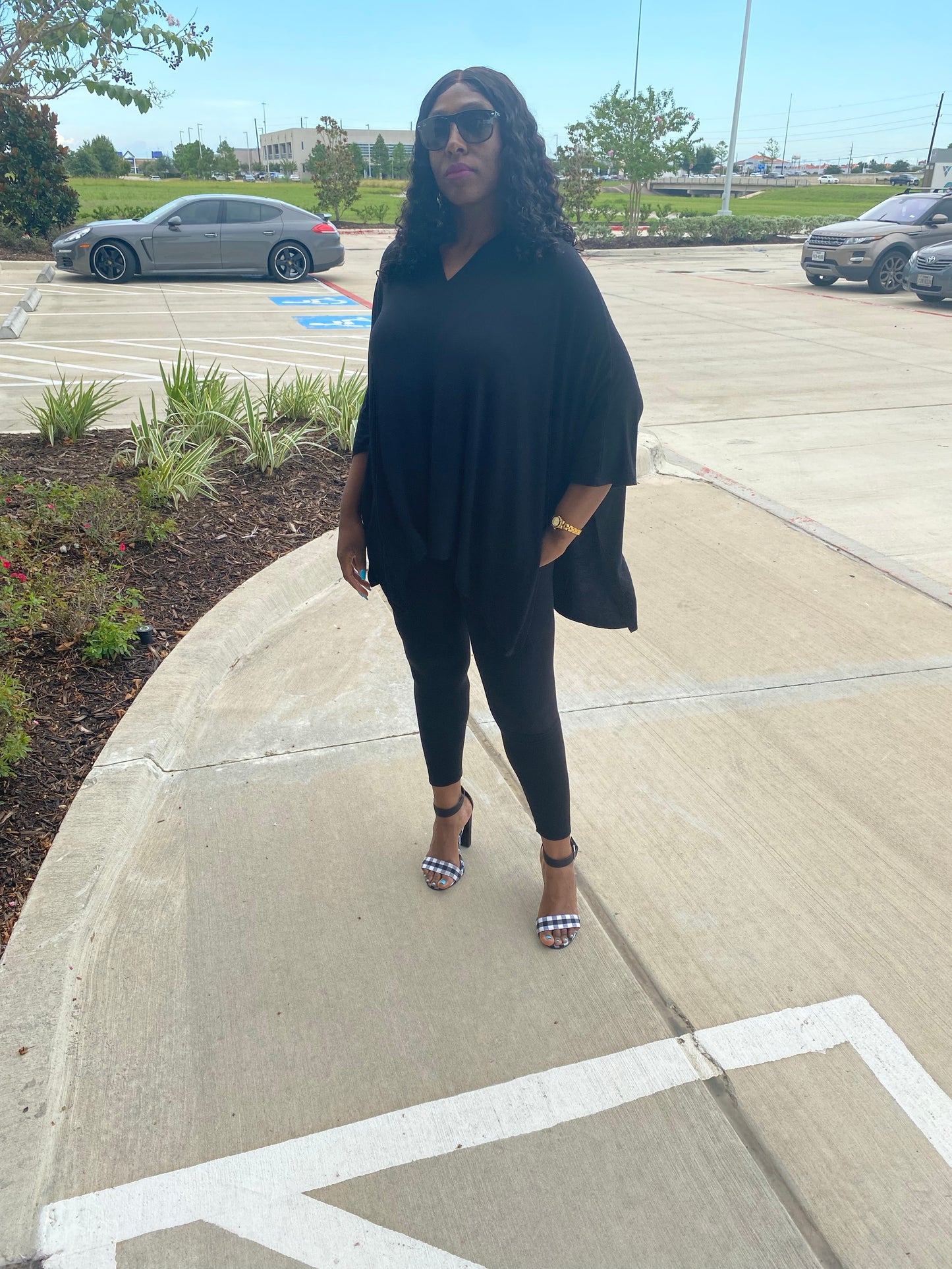 Black Solid Cape Top and Leggings Set