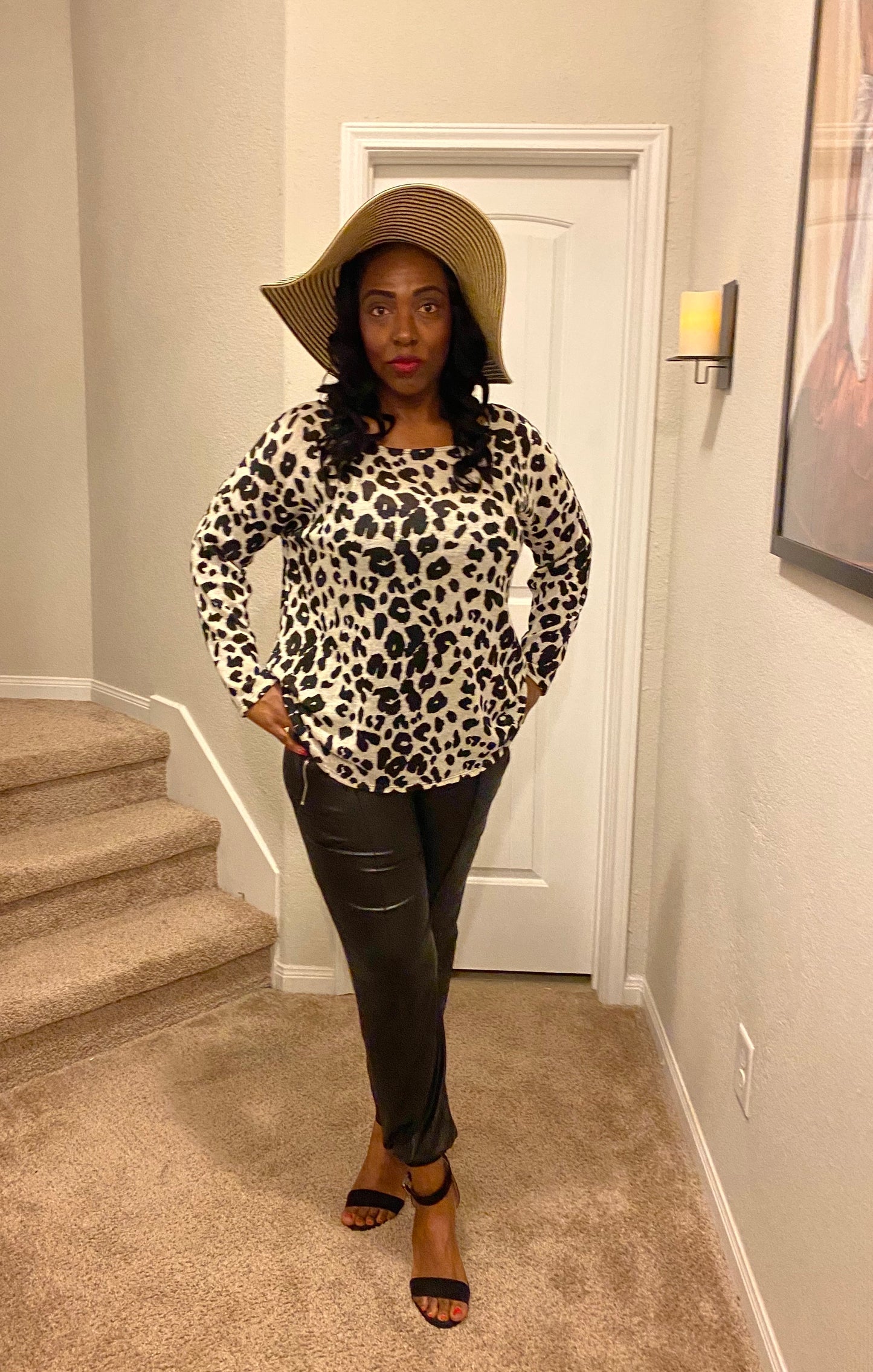 Women's Leopard Knit Wide Neck Top