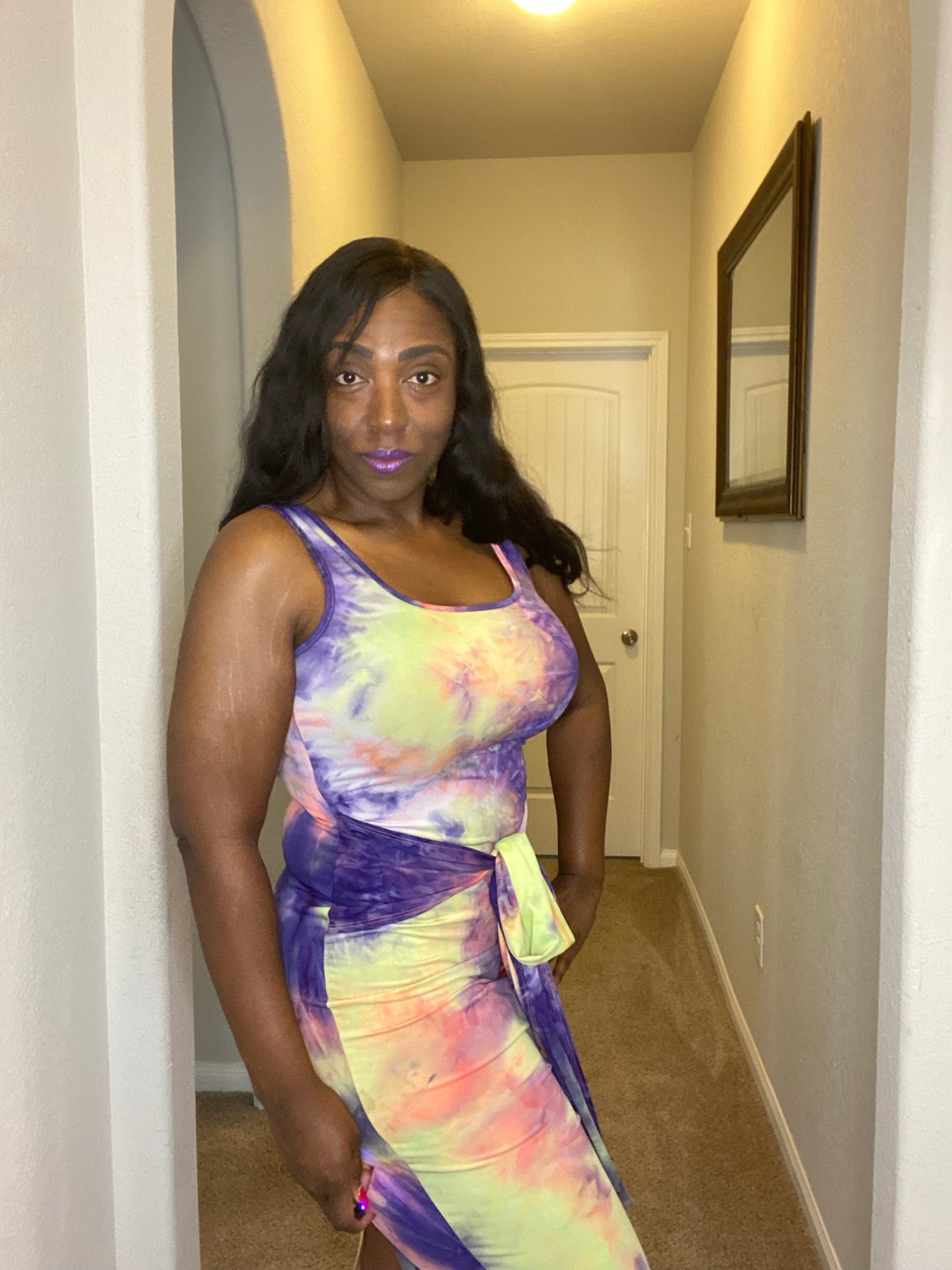 Women's Sleeveless Tie Dye Maxi Dress with Split