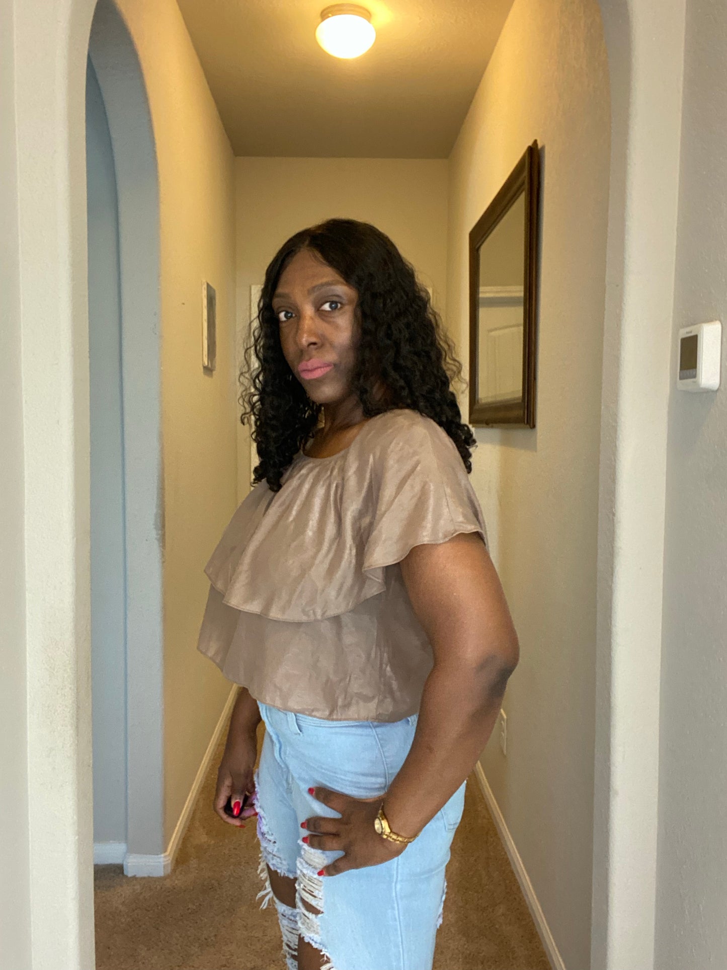 Relaxed Style Mocha Ruffled Blouse Crop Top