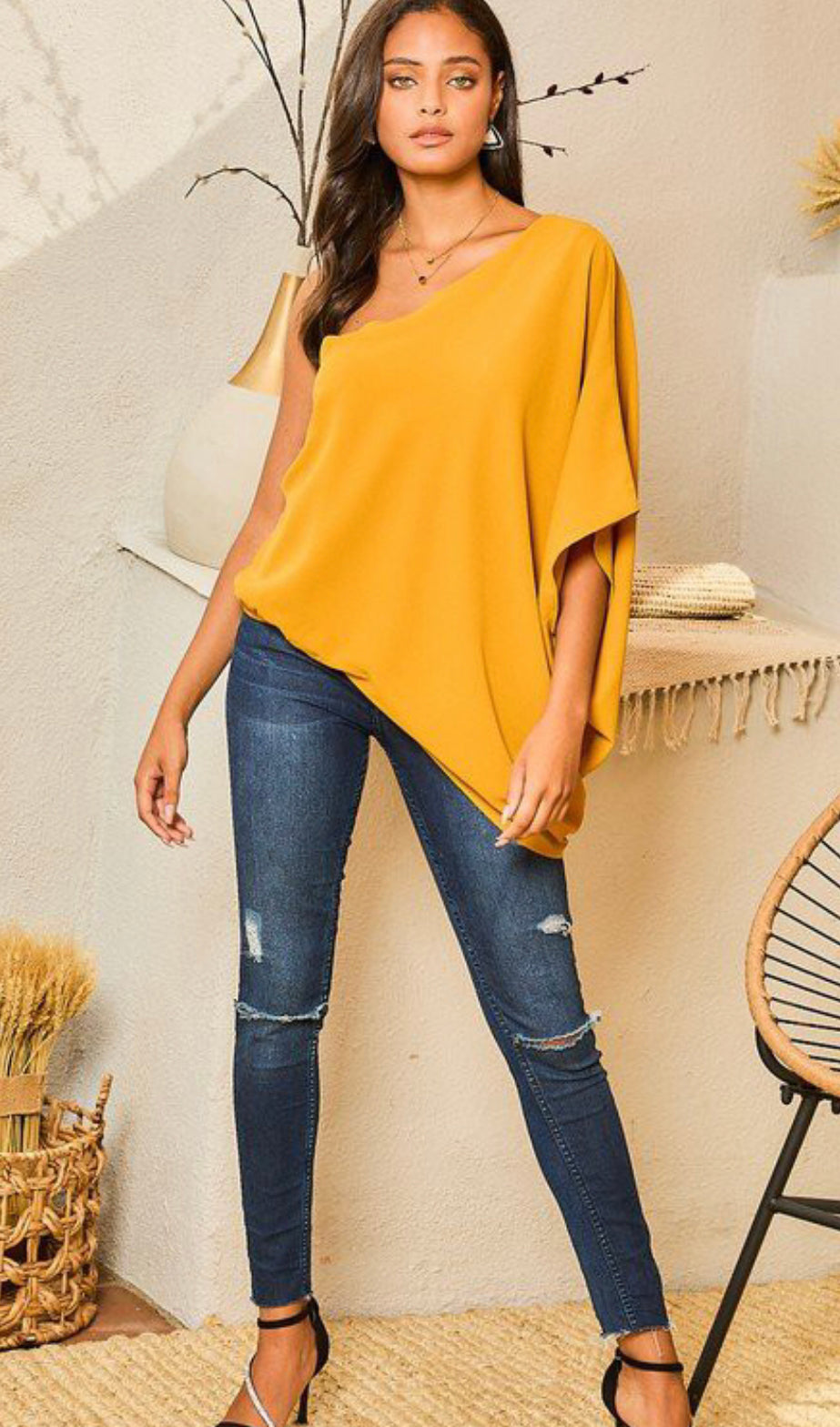 One Shoulder Long Sleeve Unbalanced Blouse Top