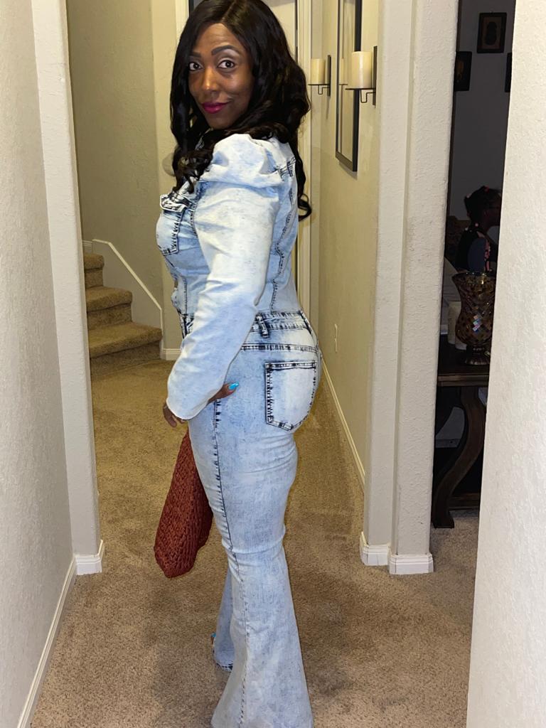 Flare Denim Puff Sleeve Jumpsuit