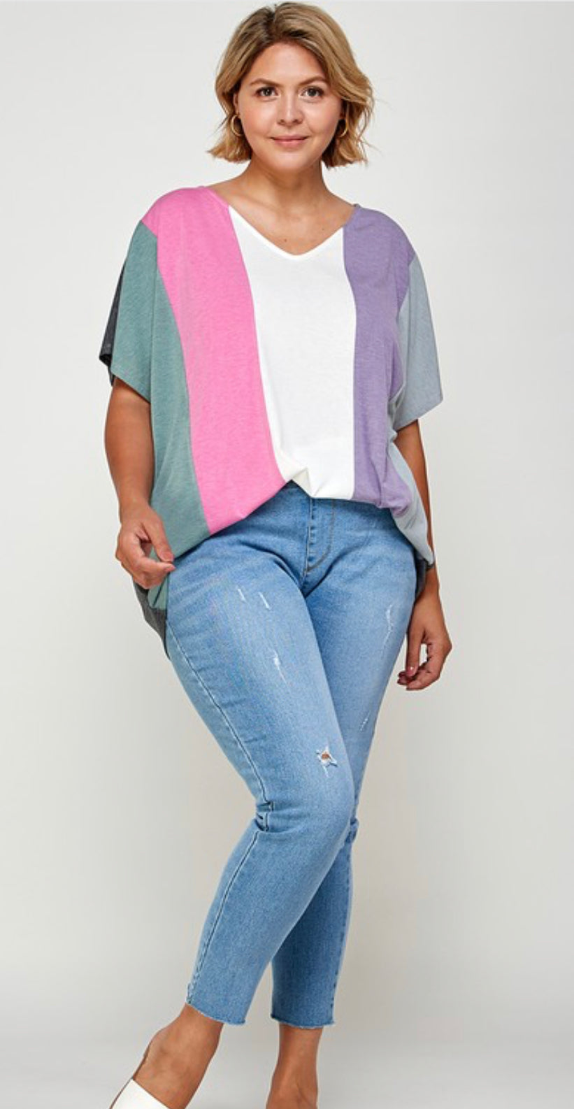 Plus Size Striped Color-block Casual Relaxed Fit V Neck Tunic Top