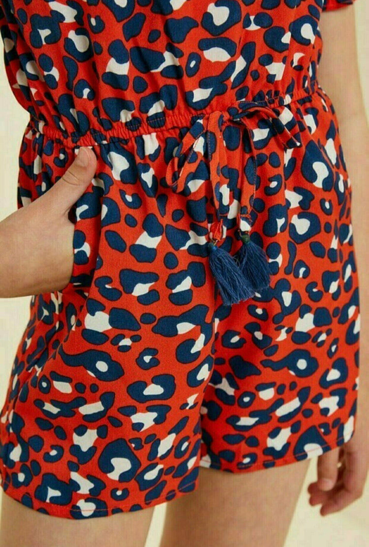 Girls Leopard Tassel-Tie Ruffles Romper