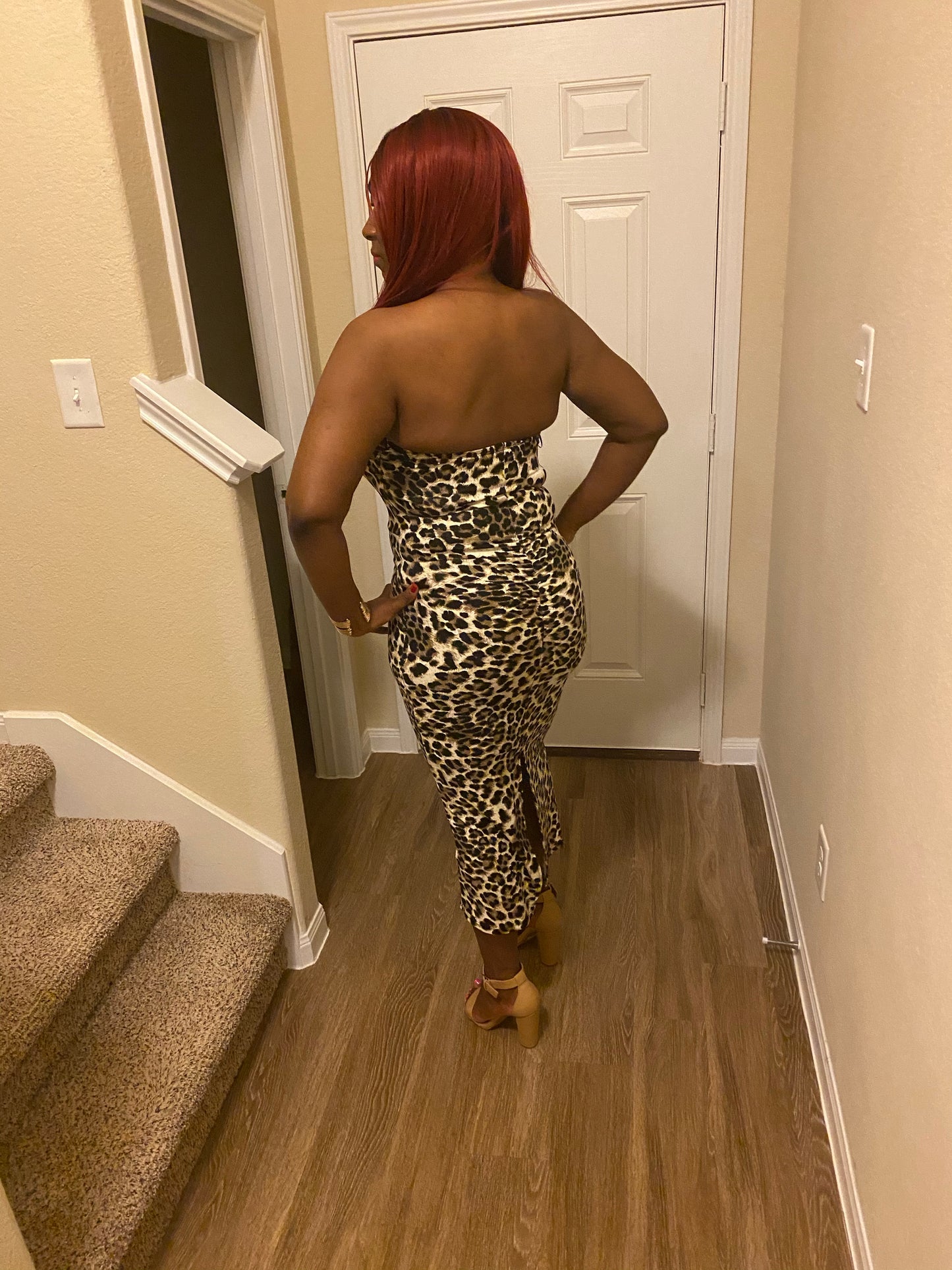 Women's Leopard Print Midi Tube Dress with Back Slit