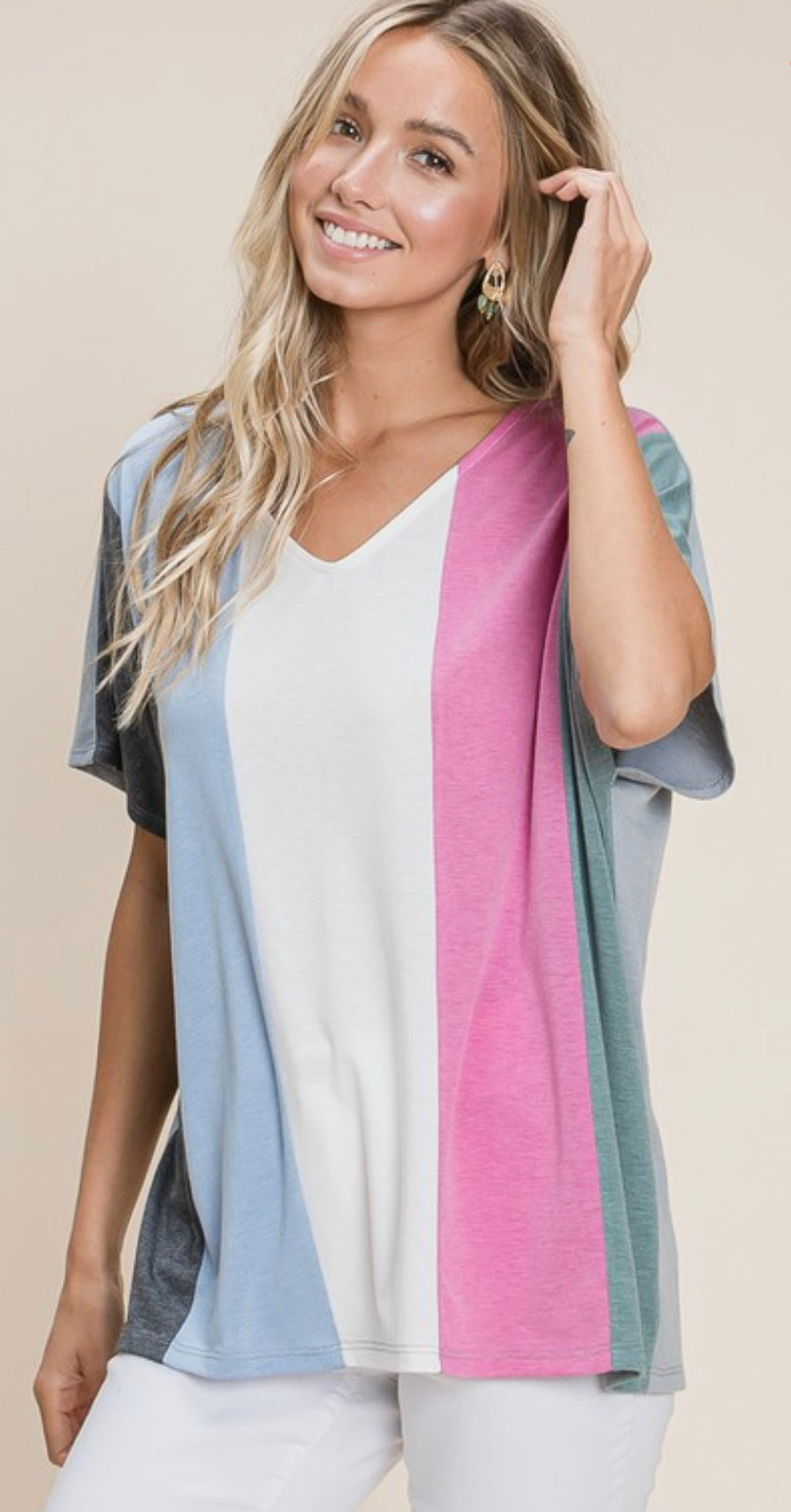 Plus Size Striped Color-block Casual Relaxed Fit V Neck Tunic Top