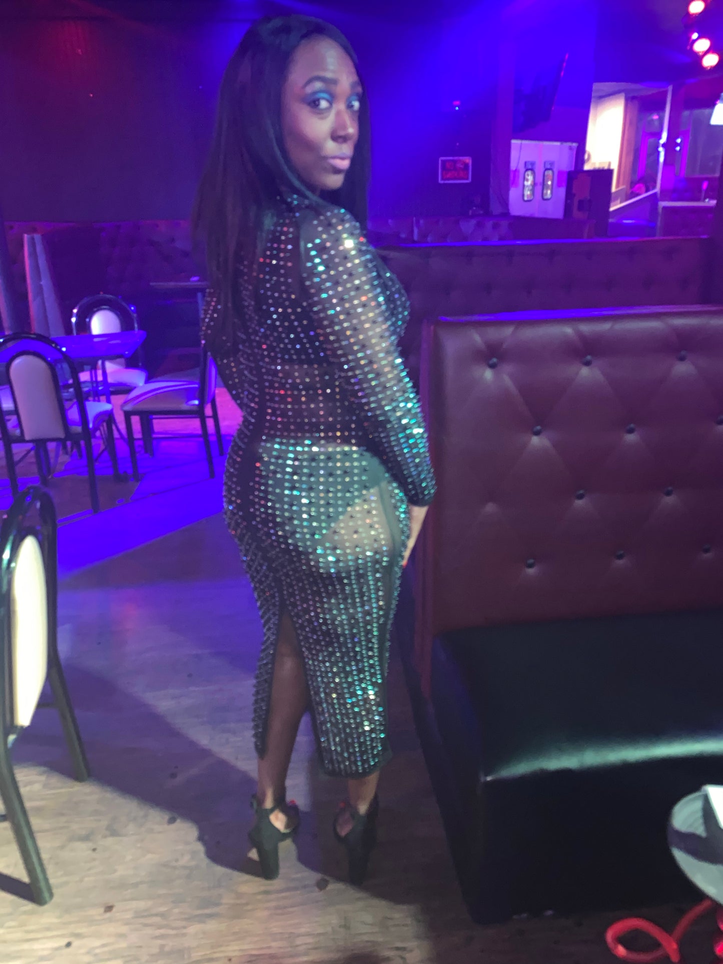 Women's Night Out Black Bead Sexy Long Mesh Dress