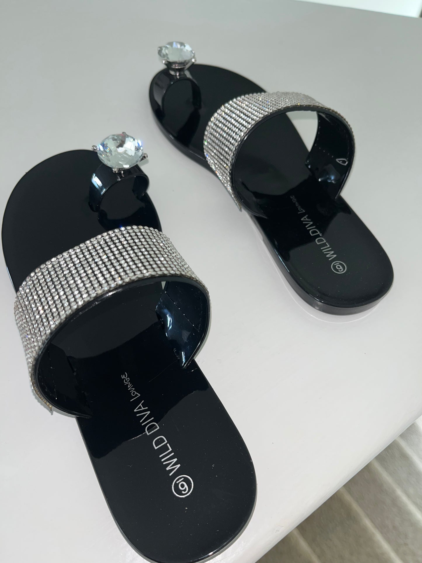 Women's Rhinestone Black Bling Jelly Flats Sandal Slides