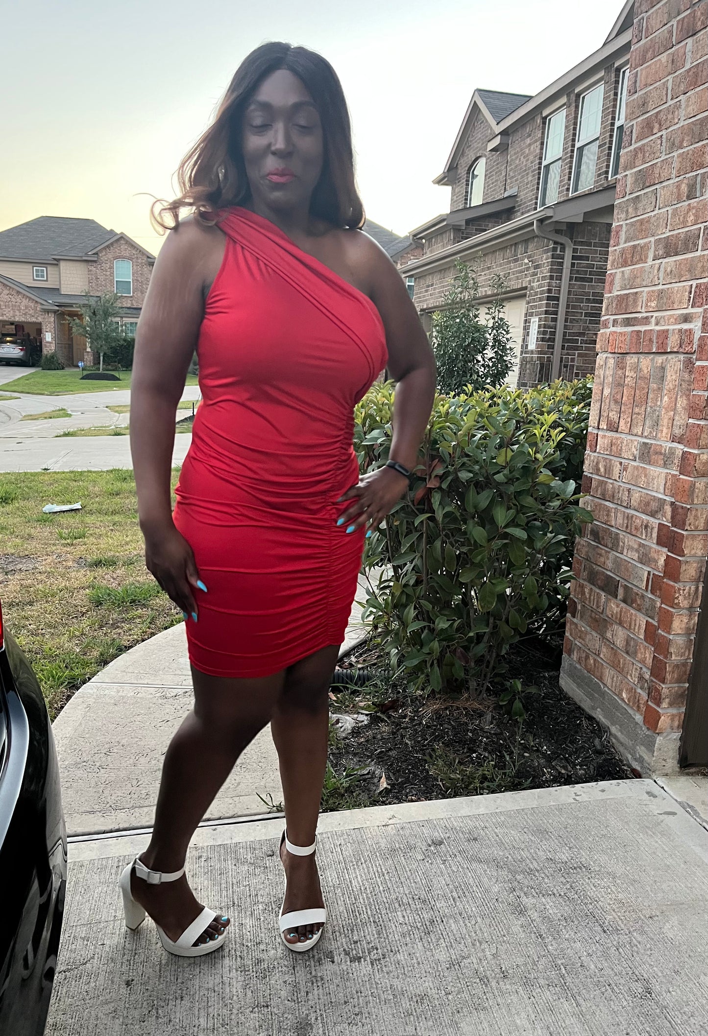 Red Plus Size One Shoulder Ruched Dress