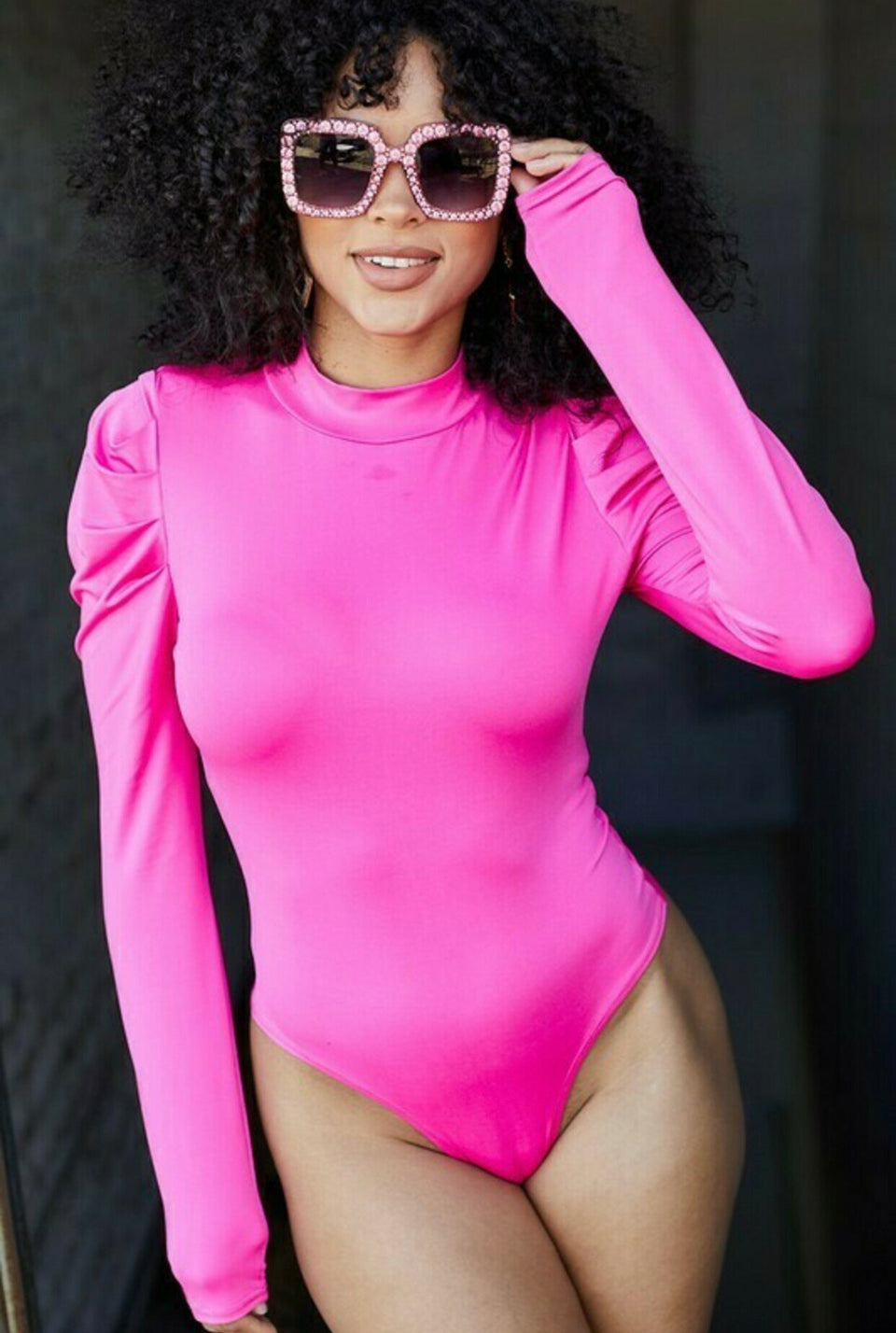 Women's New Long Puff Sleeve Mock Neck Fuchsia Bodysuit