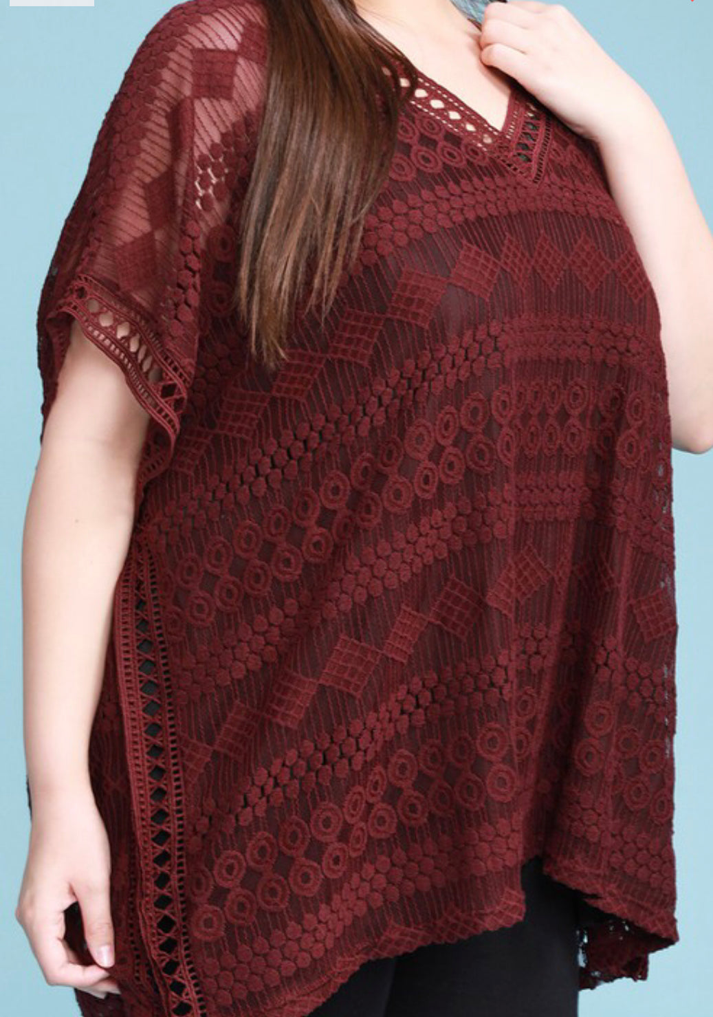 Plus Size Wine Colored Embroidered Lace Poncho Dressy Top