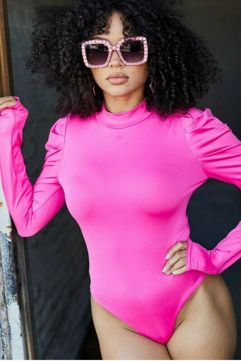 Women's New Long Puff Sleeve Mock Neck Fuchsia Bodysuit
