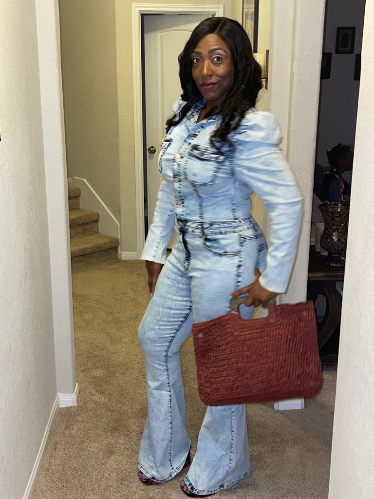 Flare Denim Puff Sleeve Jumpsuit
