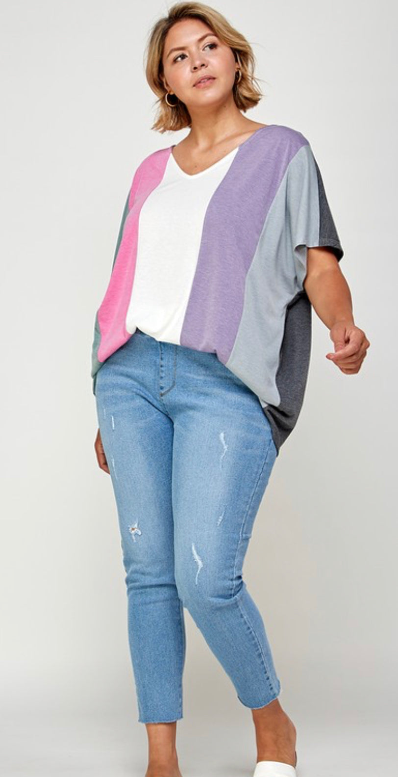 Plus Size Striped Color-block Casual Relaxed Fit V Neck Tunic Top
