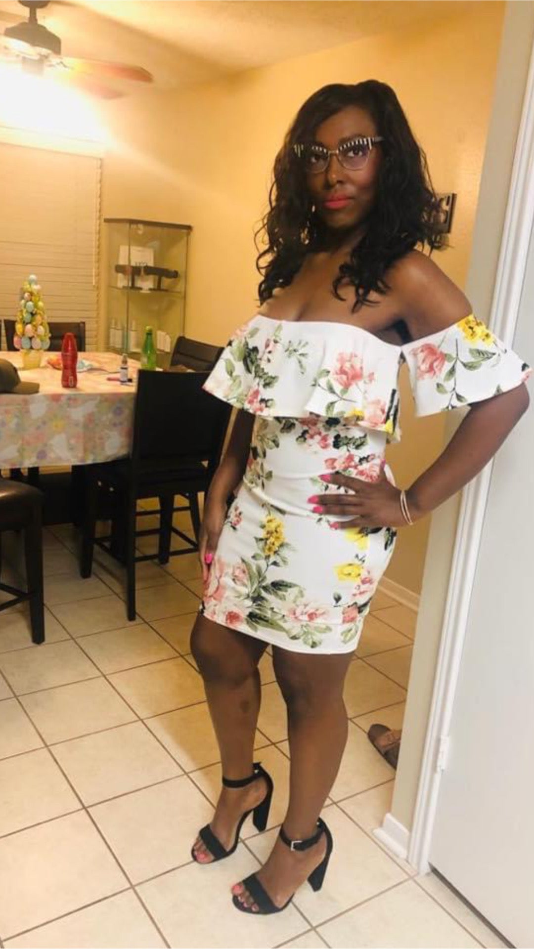 Women's Floral Print Off the Shoulder Bodycon Dress