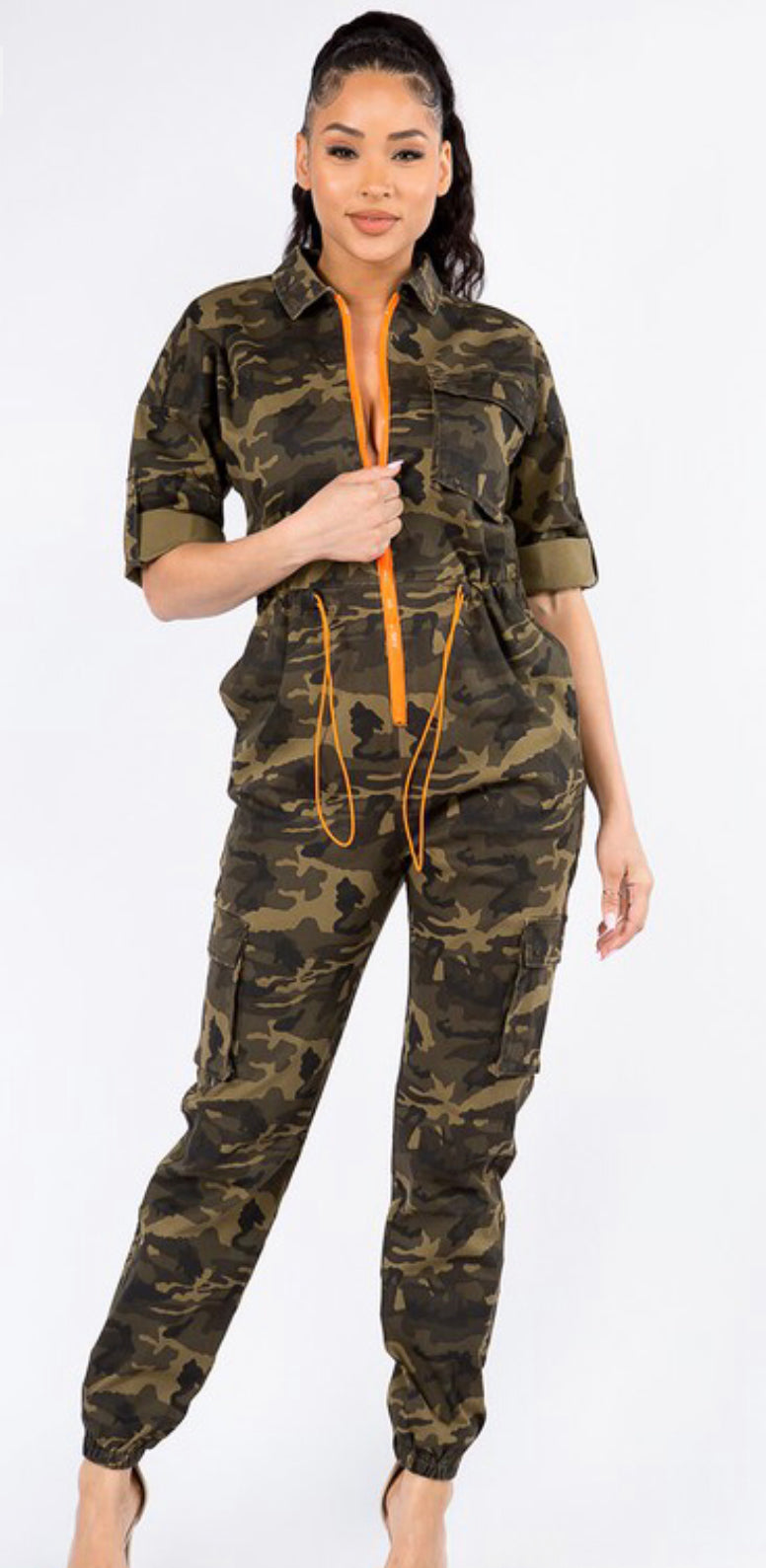 Plus Size Zipper Front Utility Cargo Jumpsuit
