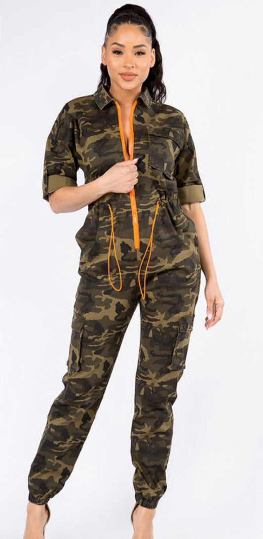 Plus Size Zipper Front Utility Cargo Jumpsuit