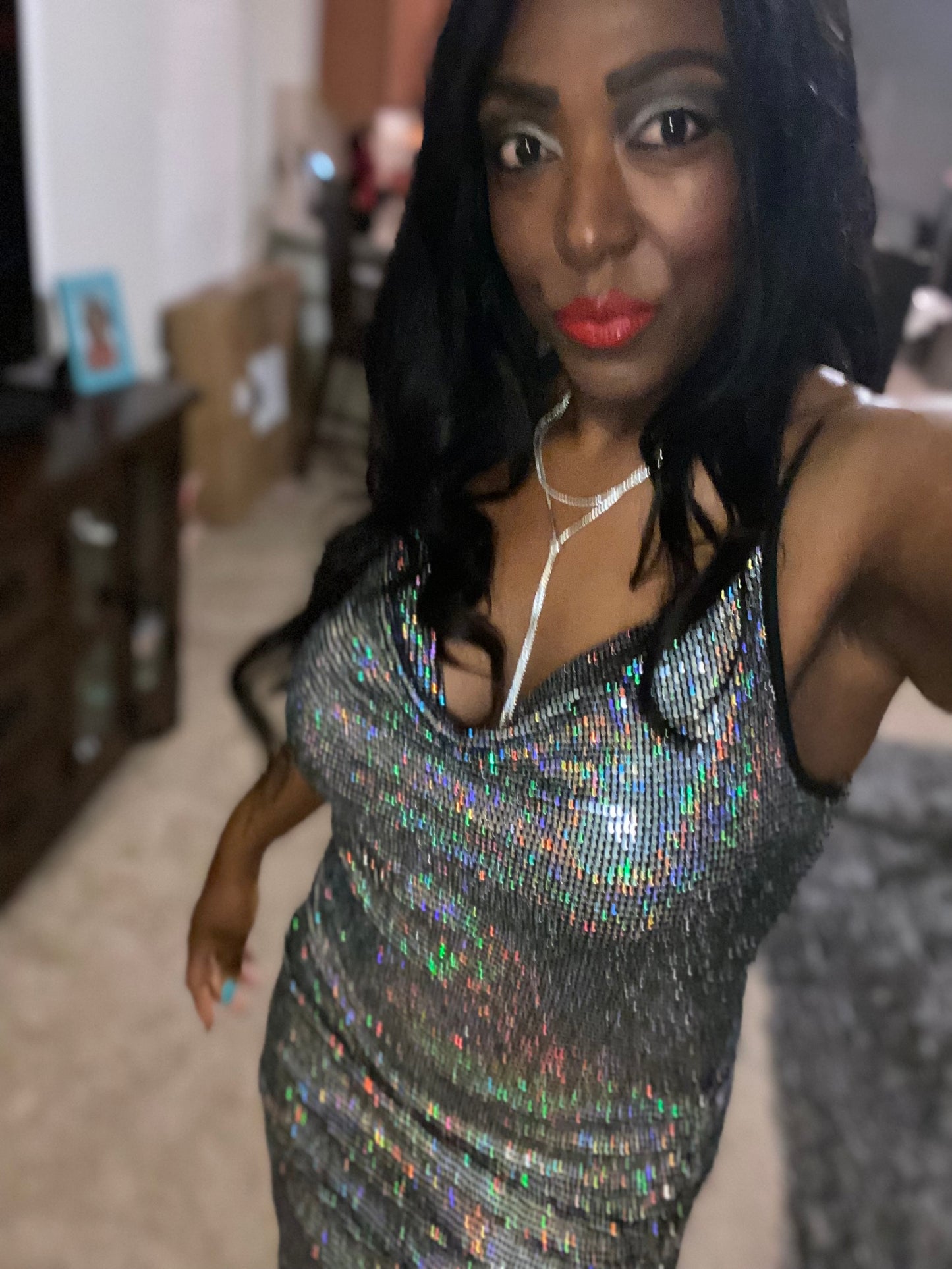 Plus Size Sliver Glitter Spaghetti Strap Midi Ruched Side Dress