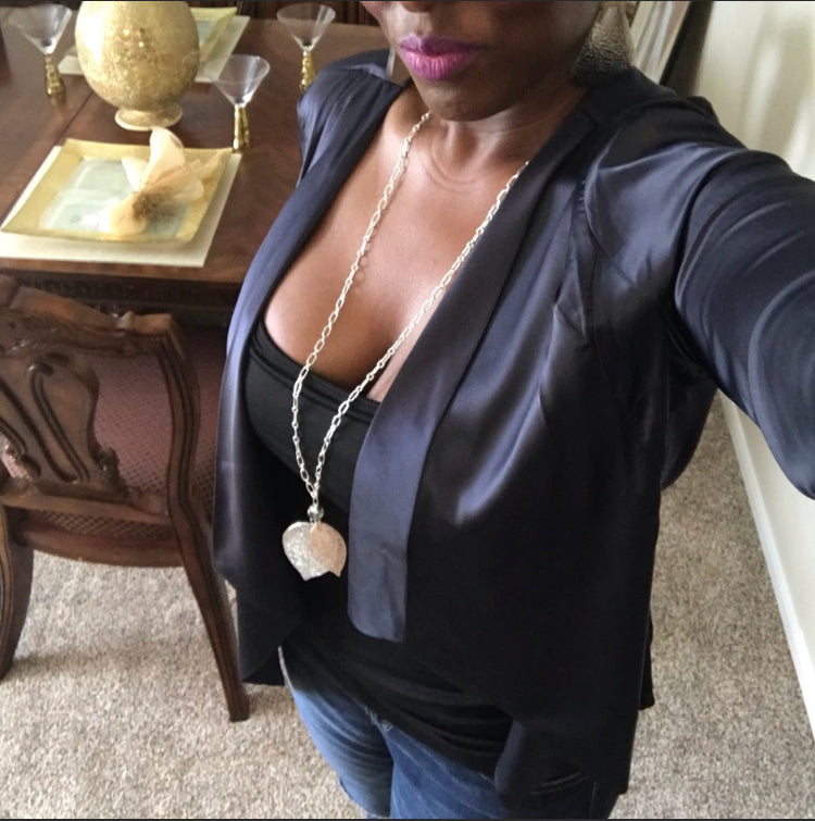 Navy Satin Draped Cardigan Top