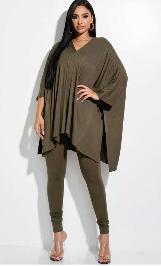 Black Solid Cape Top and Leggings Set