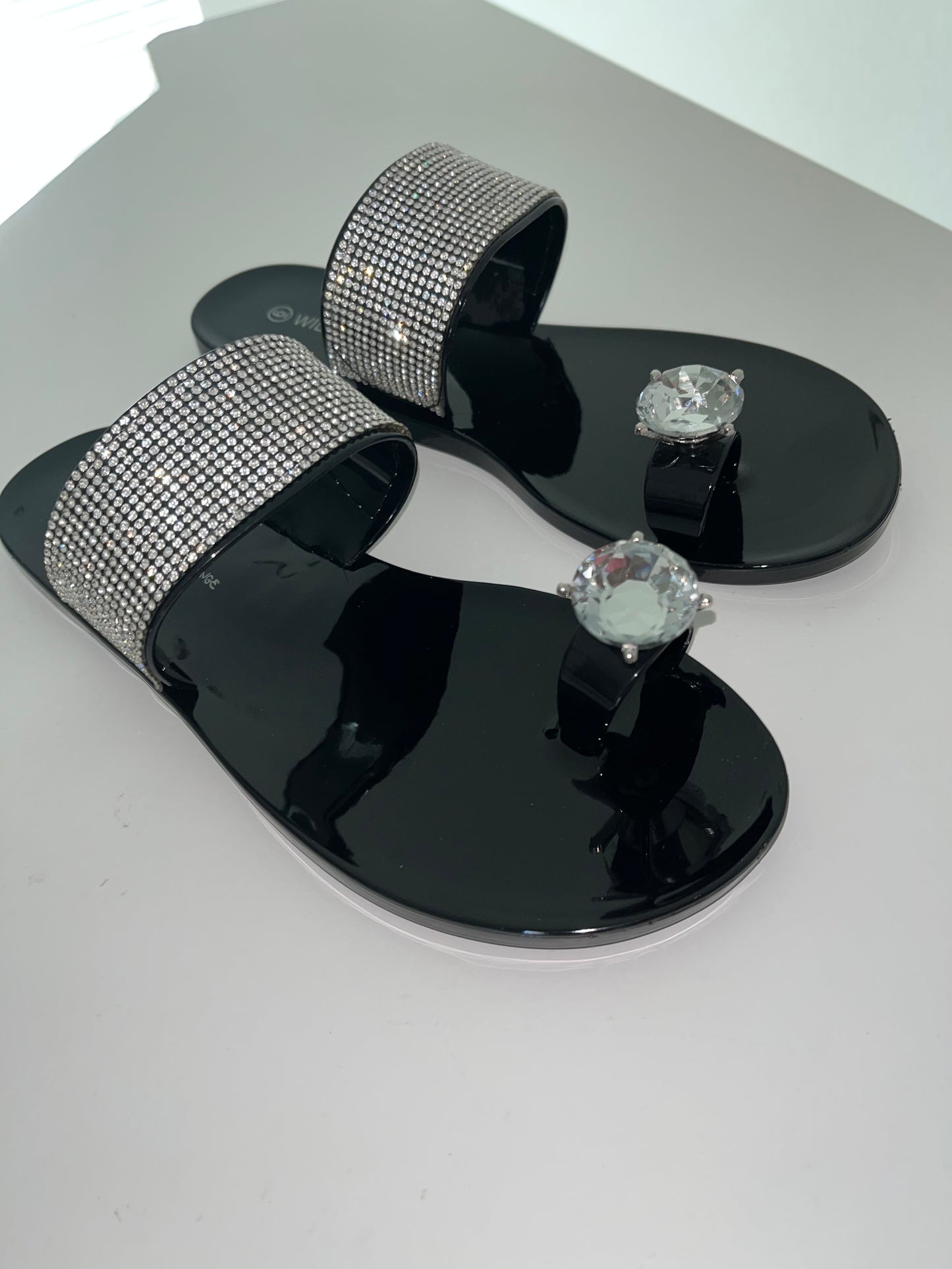 Women's Rhinestone Black Bling Jelly Flats Sandal Slides