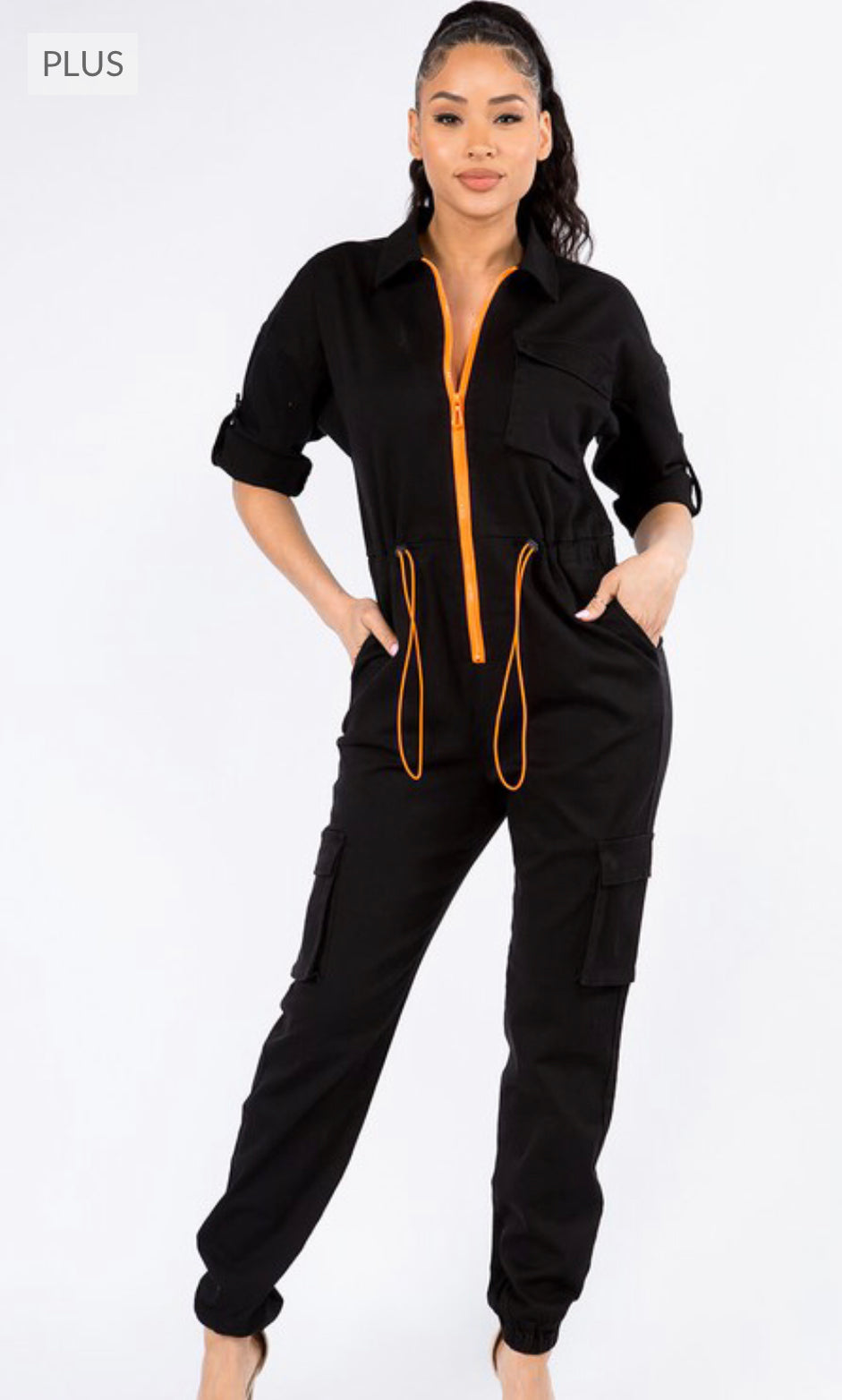 Plus Size Zipper Front Utility Cargo Jumpsuit