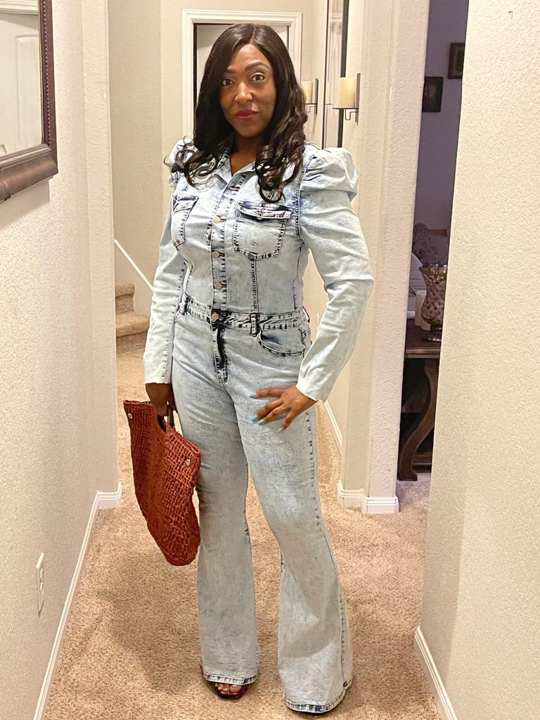 Flare Denim Puff Sleeve Jumpsuit