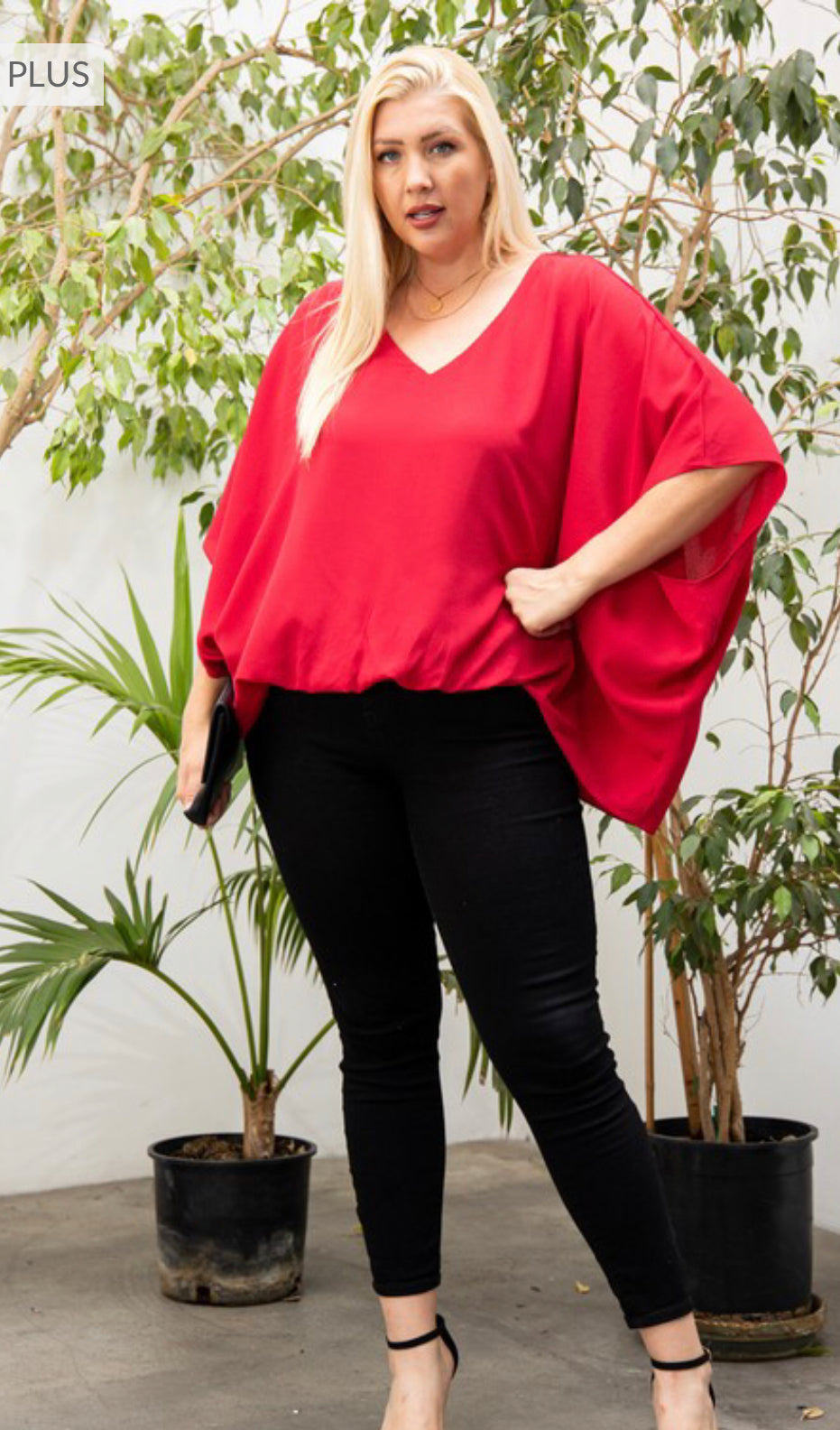 Plus Size Dolman Sleeves Front Waist Elastic Solid Top