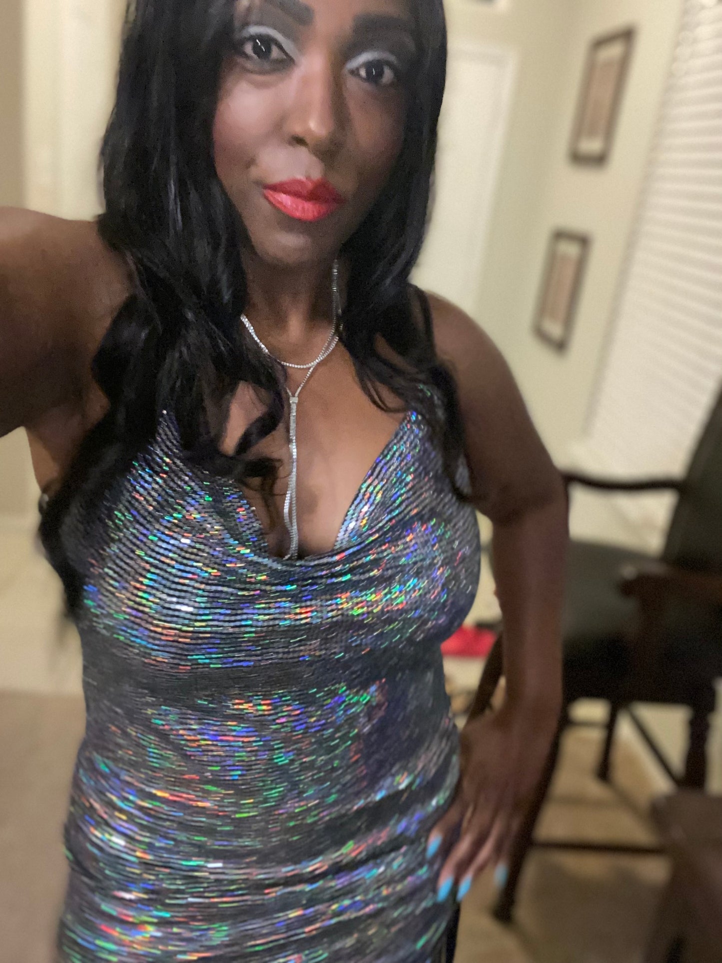 Plus Size Sliver Glitter Spaghetti Strap Midi Ruched Side Dress