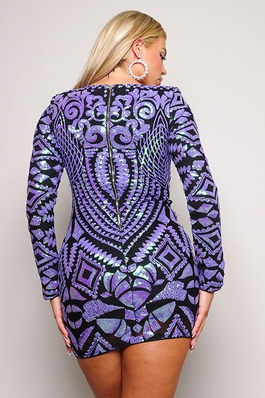 Women's Long Sleeve Power Shoulder Art Deco Sequins Mini Dress