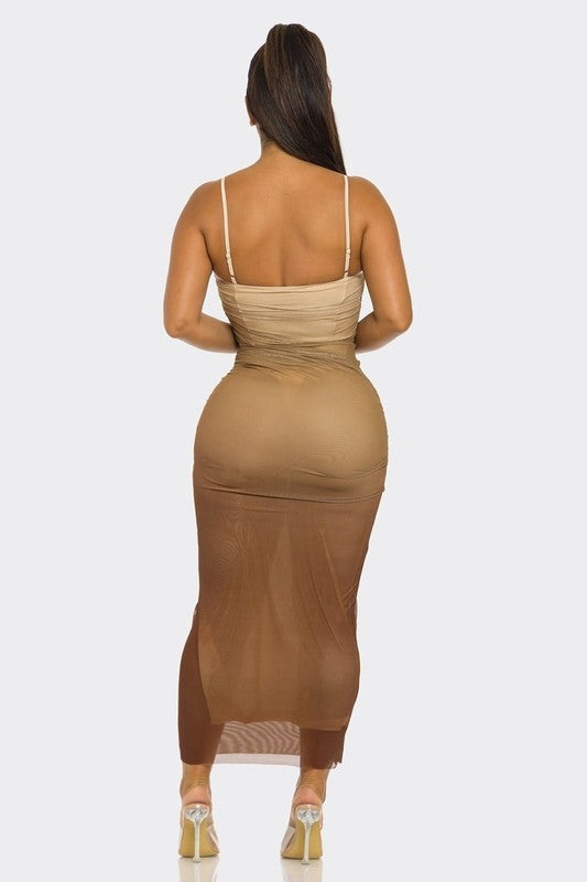 Gradient Ombre Mesh Ruched Bodycon Dress