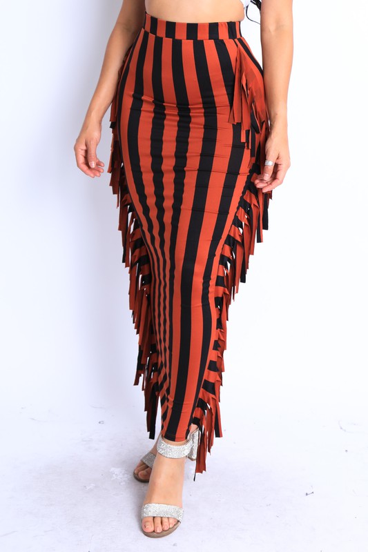 Vertical stripe printed fringed maxi skirt
