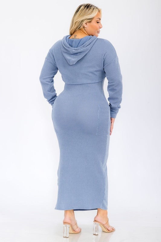 Plus Size Knit Side Pocket Maxi Dress with Crop Hoodie Top Matching Set