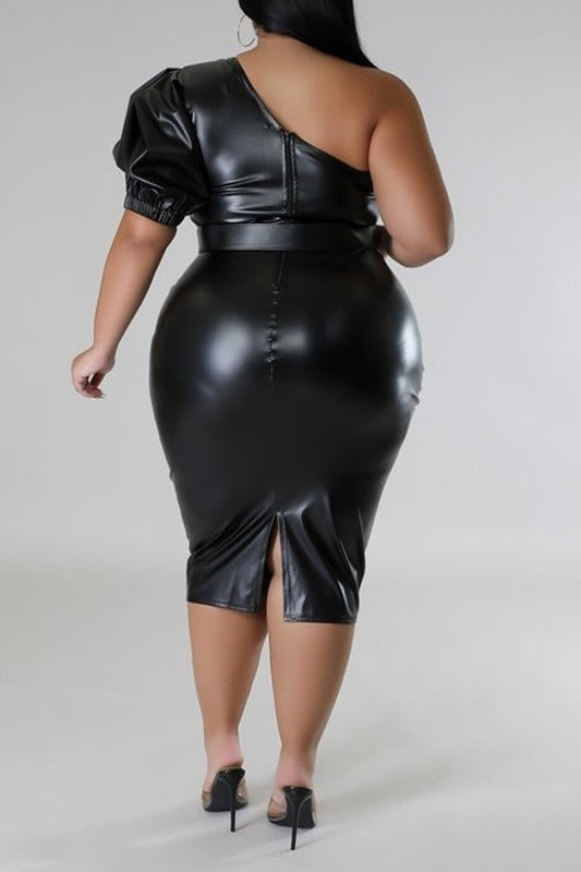 Plus Size Faux Leather One Shoulder Solid Black Midi Dress