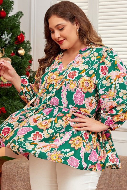 Tied V Neck Long Sleeve Plus Size Babydoll Top