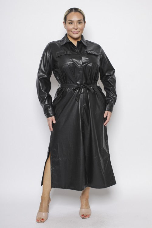 Plus Size Faux Leather Collard Button Down Midi Dress