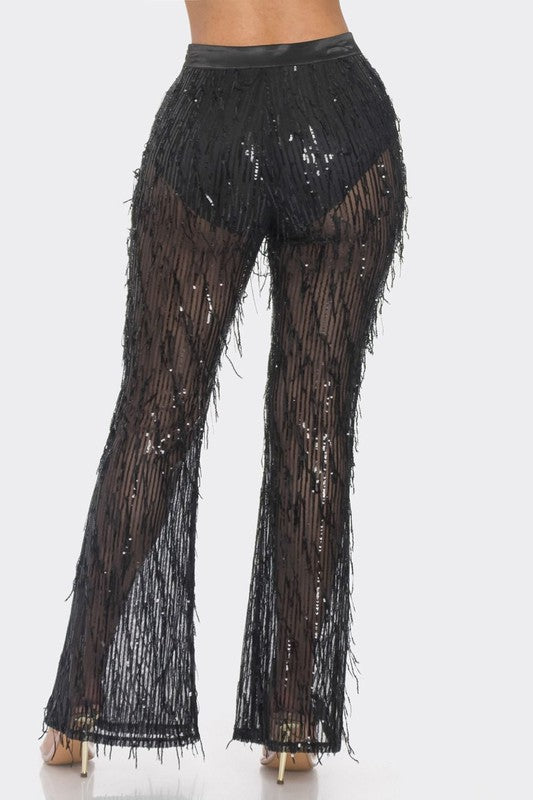 High Waisted Sheer Sequin Wide Leg Pants