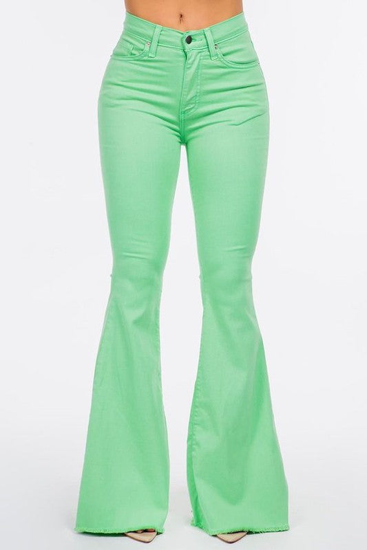 High Waisted Bell Bottom Jean in Lime