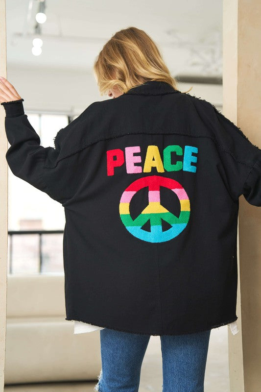 Women's Multi Color Lettering Peace Symbol Button Up Shirt