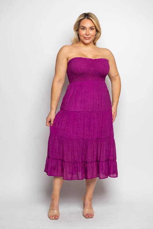 Plus Size Smocked Bodice Tiered Tube Midi Dress