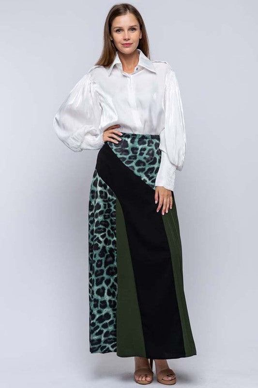 Mixed Fabric Color Blocked Maxi Skirt