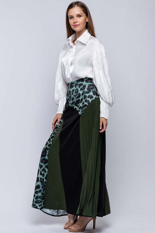 Mixed Fabric Color Blocked Maxi Skirt