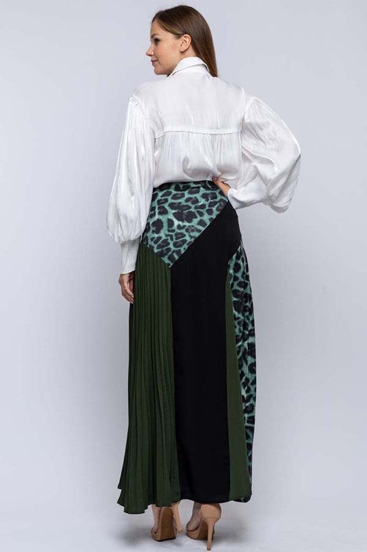 Mixed Fabric Color Blocked Maxi Skirt