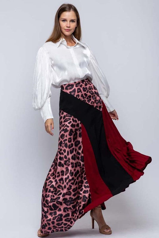 Mixed Fabric Color Blocked Maxi Skirt